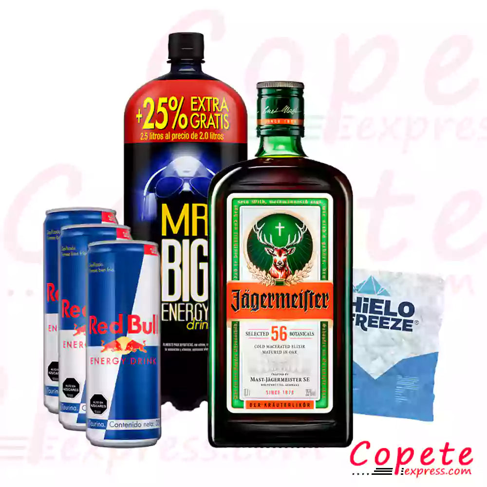 Promo Jager + Mr Big 2.5lt ó 3 Redbull + Hielo