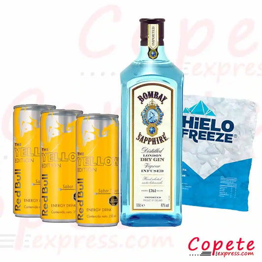 Promo Tropical Gin - Gin Bombay + 3 Redbull Yellow + Hielo